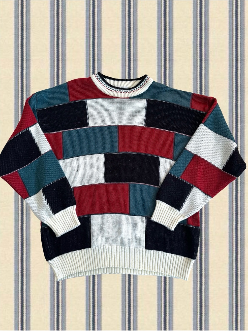 Patchwork Crewneck Sweater in Red, Teal, Black & Cream